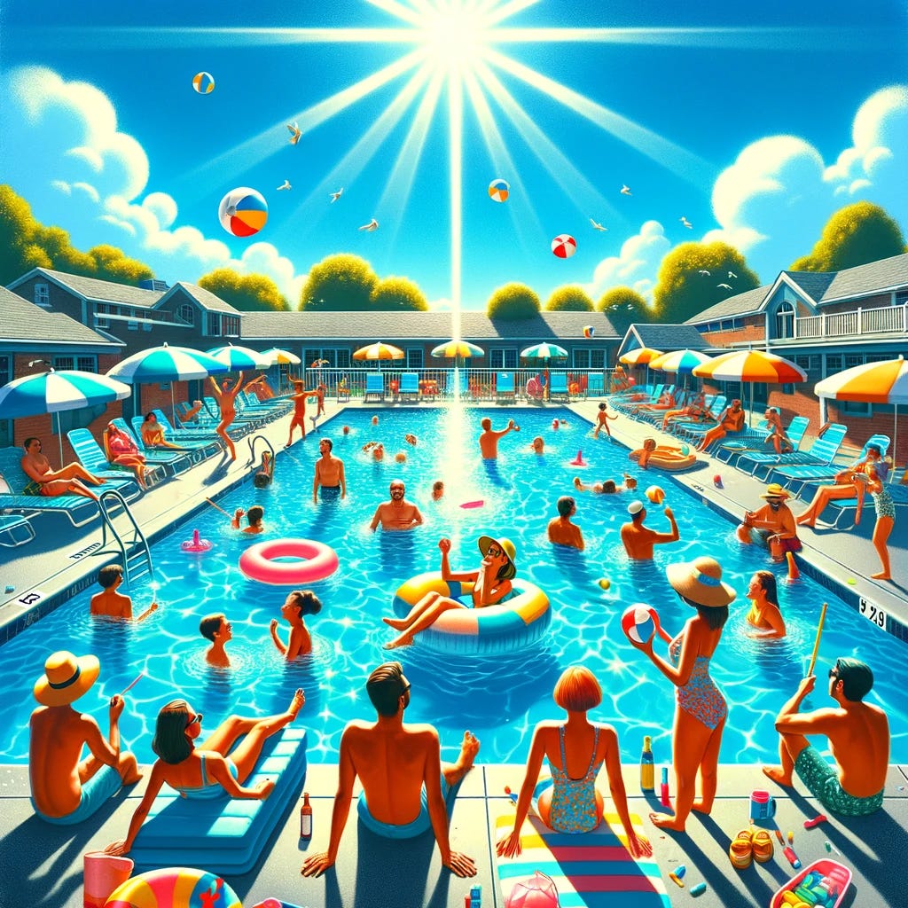 A vibrant and joyful scene at a community pool on a clear, sunny day. The sky is bright blue, highlighting the warmth. The pool is the center of attention with crystal-clear water, surrounded by poolside loungers, umbrellas, and floaties. A small, diverse group of people are enjoying the day: swimming, lounging, and kids playing with a water ball. Their expressions show joy and relaxation. Sun rays and a water shimmer emphasize the heat, while some individuals wear sun hats or sunglasses. The scene captures the essence of summer fun, community, and the refreshing escape of the pool.