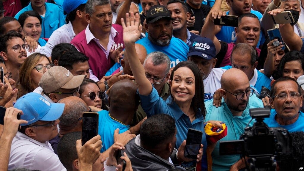 María Corina Machado, candidate du parti Vente Venezuela aux primaires de l’opposition, lors d’un rassemblement à Caracas, le 23 juin 2023. Photo : Associated Press