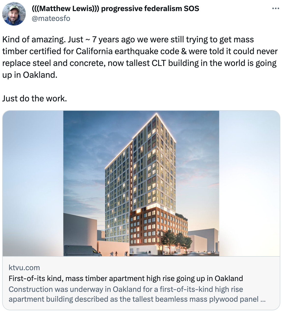  See new Tweets Conversation (((Matthew Lewis))) progressive federalism SOS @mateosfo Kind of amazing. Just ~ 7 years ago we were still trying to get mass timber certified for California earthquake code & were told it could never replace steel and concrete, now tallest CLT building in the world is going up in Oakland.   Just do the work. ktvu.com First-of-its kind, mass timber apartment high rise going up in Oakland Construction was underway in Oakland for a first-of-its-kind high rise apartment building described as the tallest beamless mass plywood panel structure in the world.