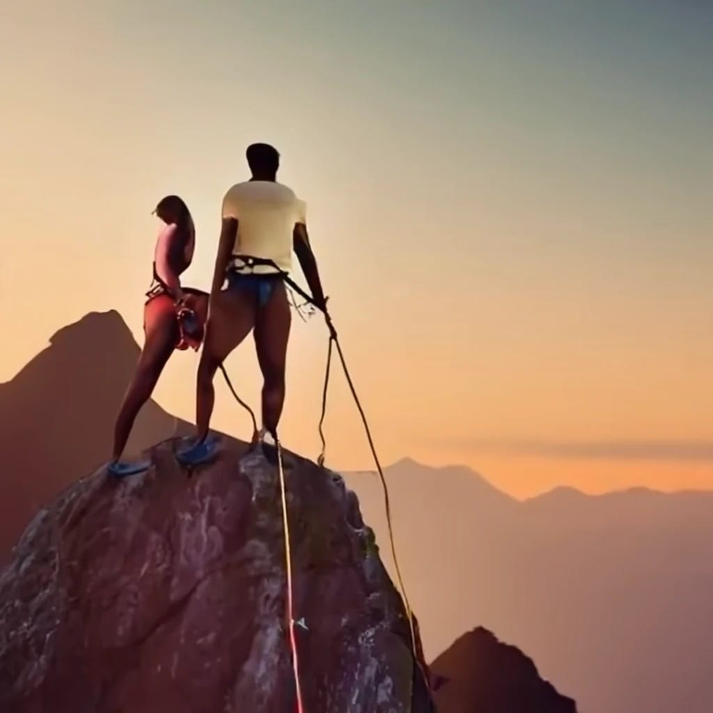 black man and black woman couple rock climbing up side of the mountain