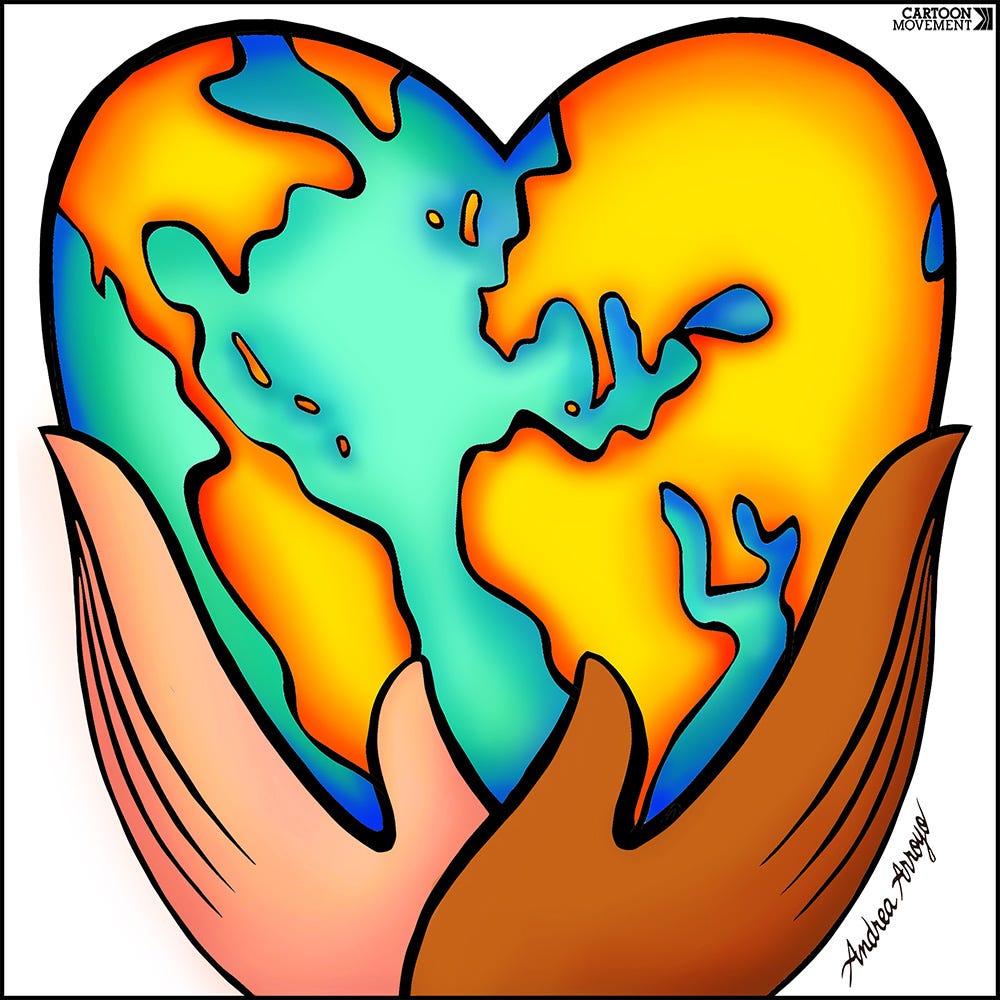 Cartoon showing two hands of different colors holding up a heart-shaped earth.