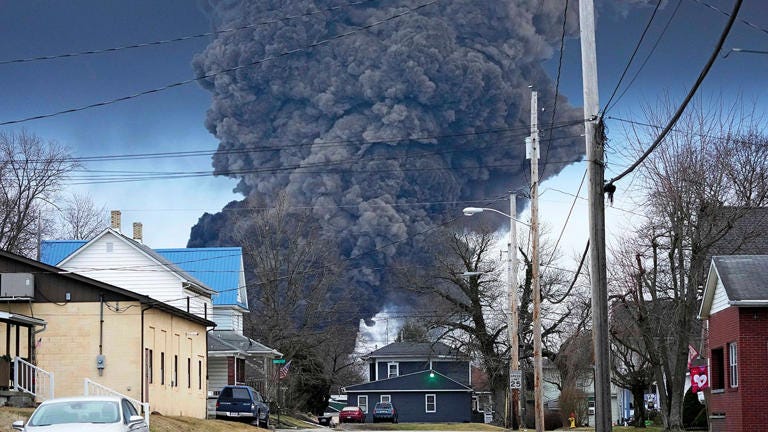 A black plume rises over East Palestine, Ohio, as a result of a controlled detonation of a portion of the derailed Norfolk Southern trains, Feb. 6, 2023. AP Photo/Gene J. Puskar, file