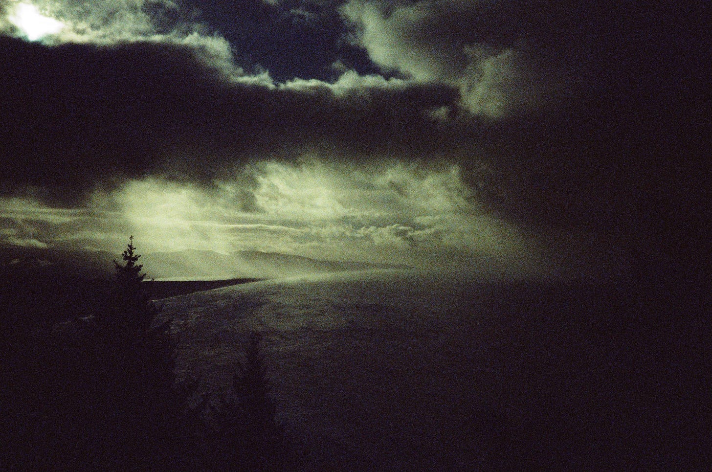 A very dark, grainy film photograph of a cloudy sky and landscape. The top of a single tree can be made out on the lefthand side of the frame.