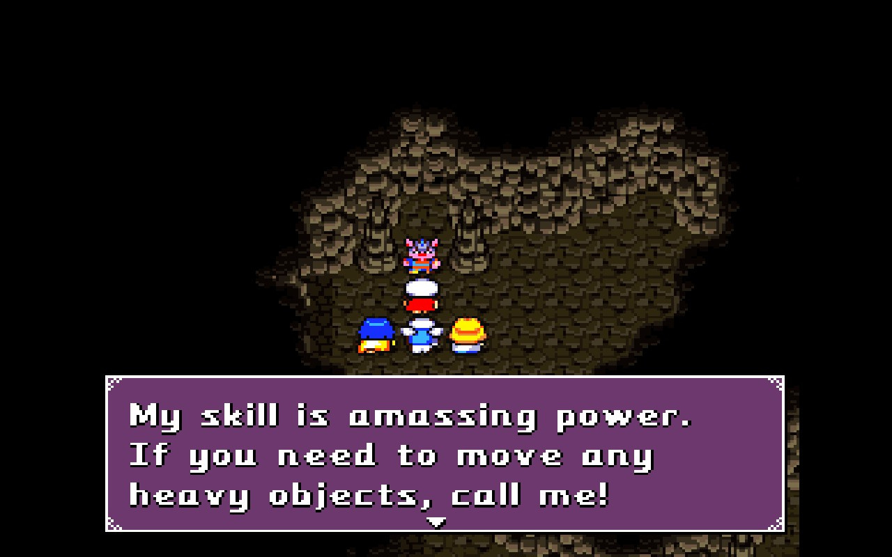 A screenshot from Super Shell Monsters Story, of your party inside of a cave speaking to an NPC who can help you out. This anthropomorphic pig man says, "My skill is amassing power. If you need to move any heavy objects, call me!"