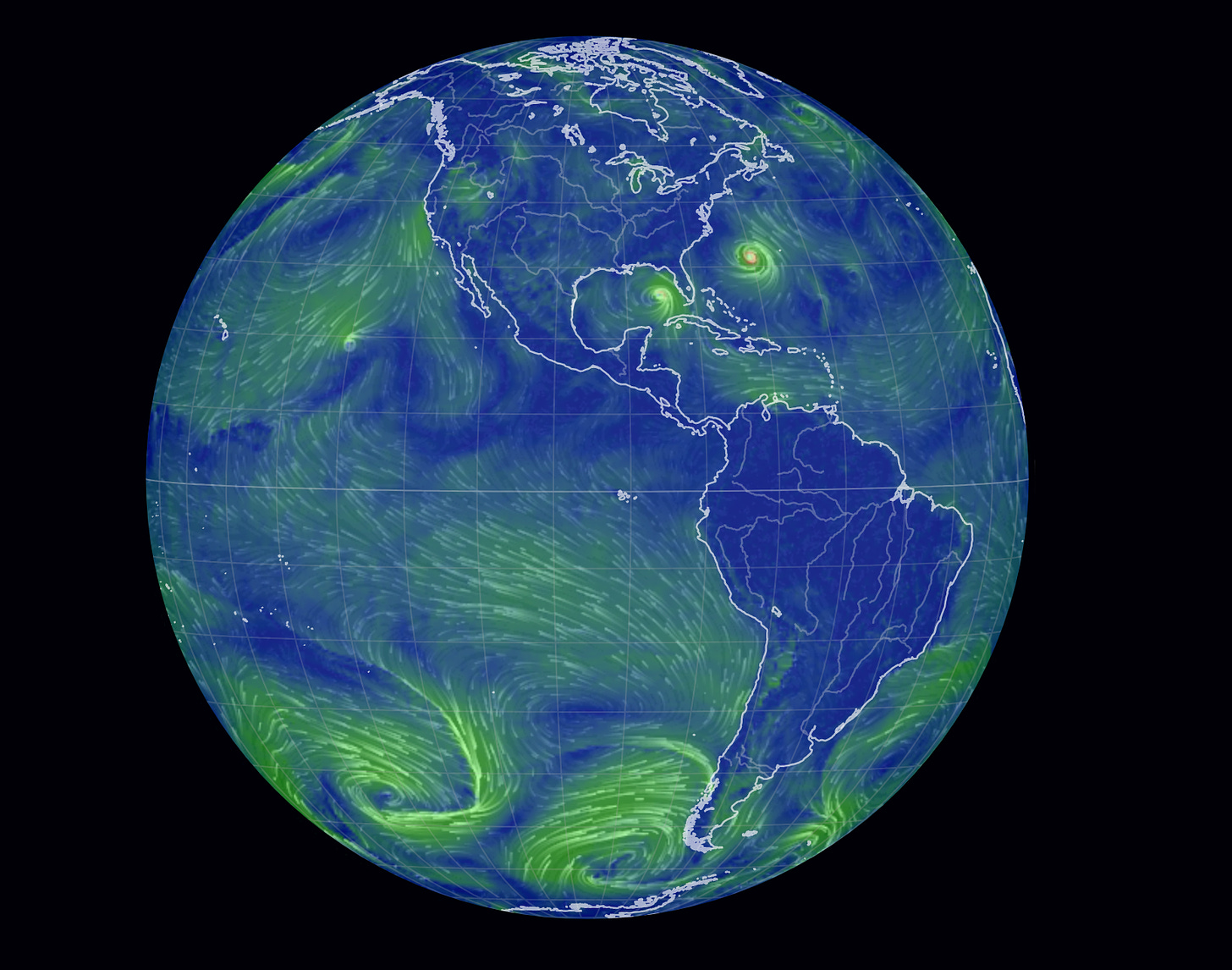 A blue globe facing North and South America with green swirls of wind.