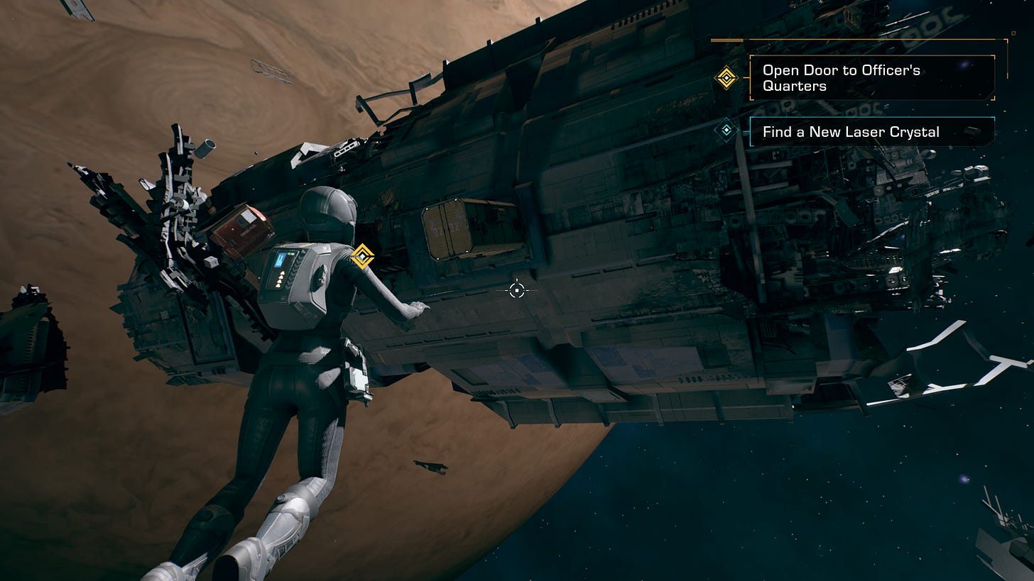A screenshot of the game The Expanse: A Telltale Series, showing Camina Drummer in space hovering towards a ruined spaceship as a satellite hangs in the background. Two mission prompts appear on the upper right.