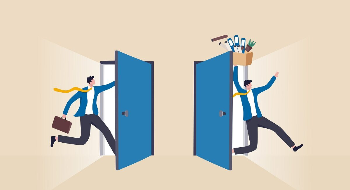 Cartoon image of employee entering one door and leaving another