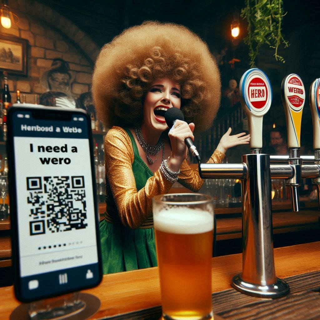 A female white soul singer with big hair sings "I need a Wero" in a German beer cellar while holding a phone displaying a QR code