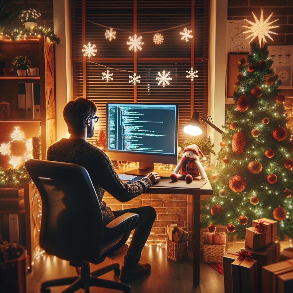 A developer working on their computer surrounded by Christmas decorations