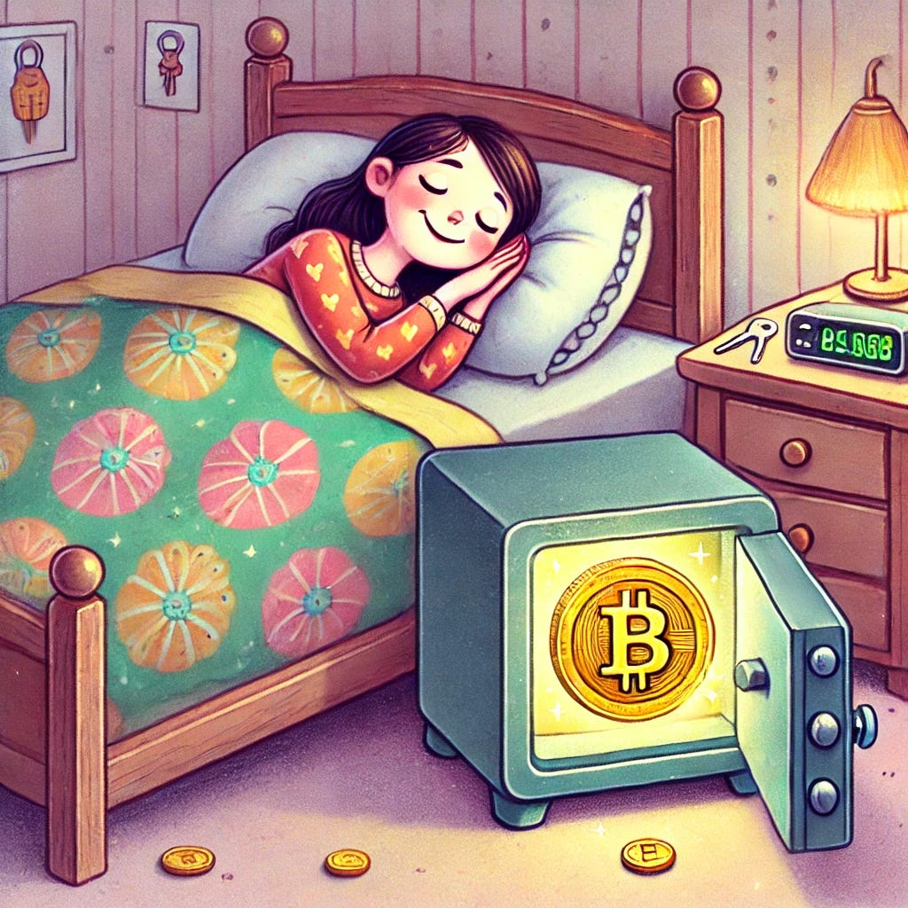 A whimsical cartoon-style image of a woman sleeping peacefully in a cozy bedroom. The woman has a serene smile, lying on her side in a comfy bed with a colorful quilt. Beneath the bed, a secure safe is depicted, glowing slightly to emphasize its importance. The safe is under lock and key, and on it, a shiny gold Bitcoin symbol is prominently displayed. The room is softly lit with a warm, gentle atmosphere, showcasing a few playful details like a bedside table with a lamp and a digital clock.