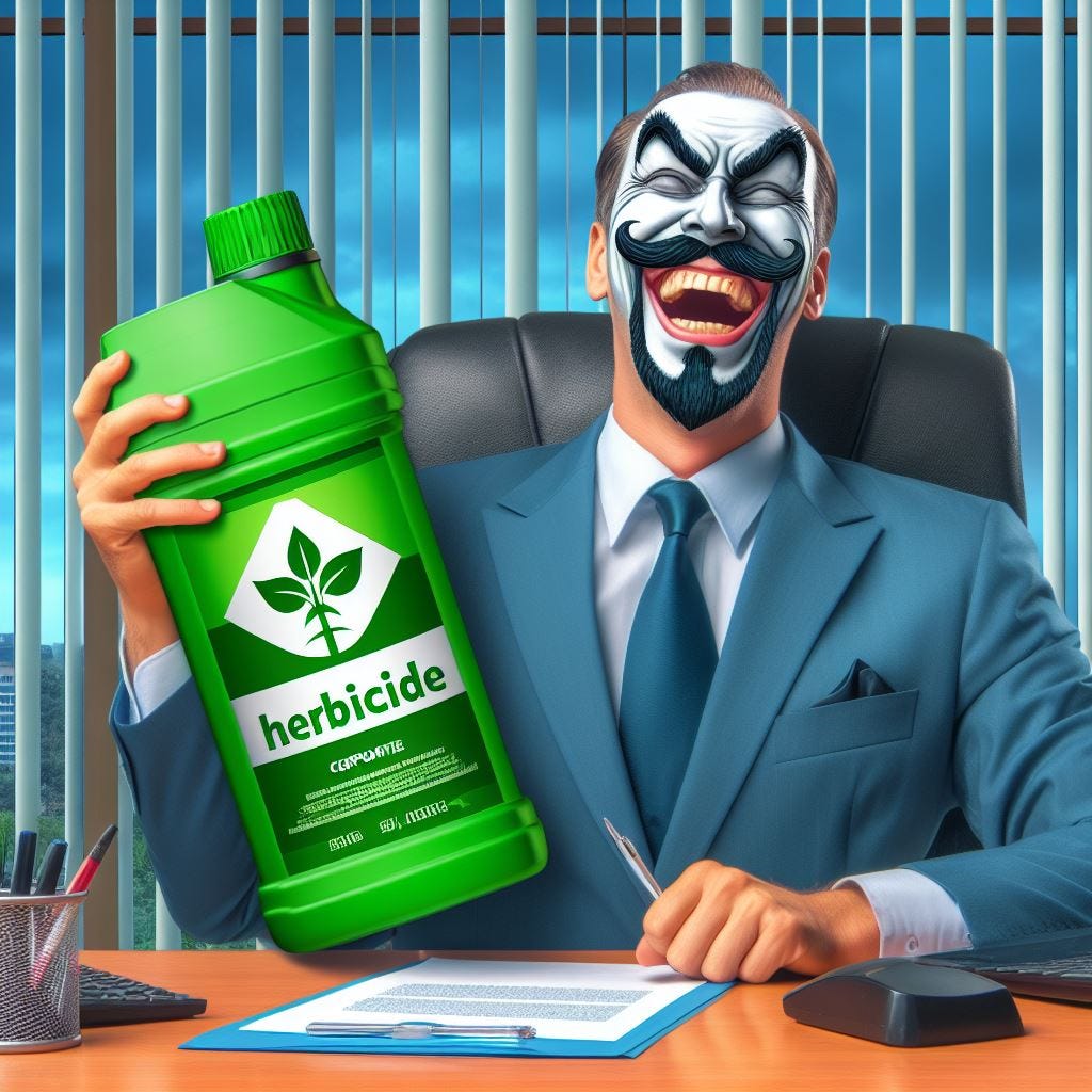 Drawing of man in suit at a desk about to sign a contract while holding a giant bottle of herbicide. He is laughing maniacally and has Guy Fawkes white makeup with a curly black mustache and goatee.