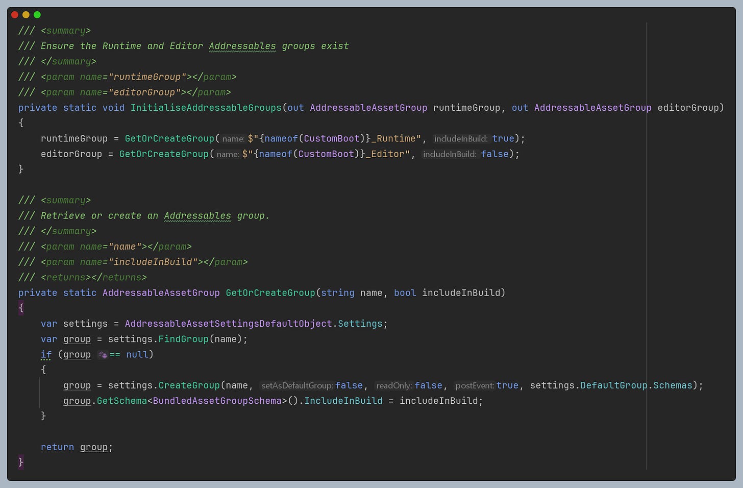 Source code illustrating the creation of Addressable Groups in Unity