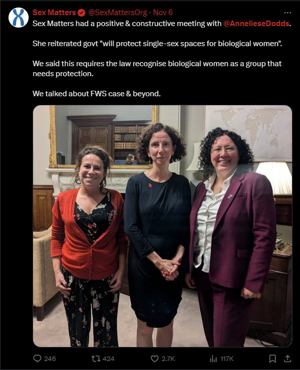 an image showing a tweet from the "Sex Matters" Twitter account. Here’s a summary of the content:  Tweet Content:  The group "Sex Matters" had a "positive & constructive" meeting with Anneliese Dodds. Dodds reiterated that the government "will protect single-sex spaces for biological women". "Sex Matters" responded that this means the law must recognise biological women as a group needing protection. They discussed the FWS case and other related issues. Image Details:  The image features three individuals posing together: Anneliese Dodds (centre) and two representatives from "Sex Matters".