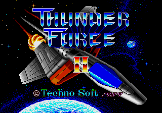 A screenshot of Thunder Force II's title screen, featuring the game's ship flying through space and coming into the foreground, with the game's logo above it, and a planet in the background.