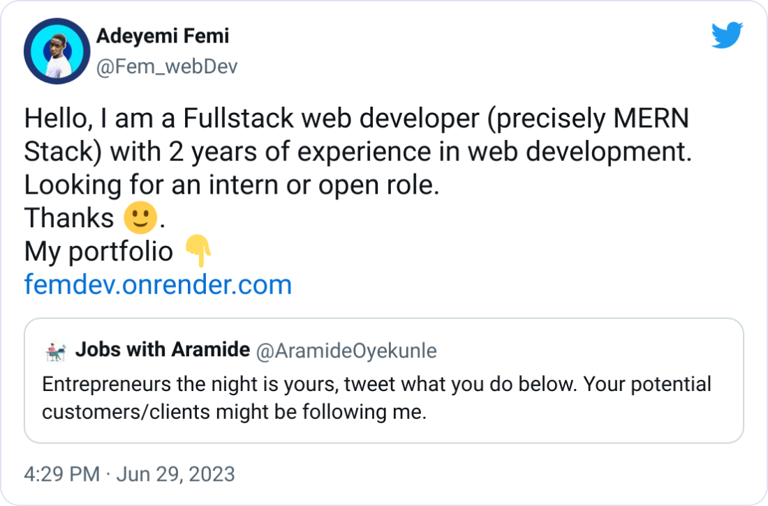 Adeyemi Femi @Fem_webDev Hello, I am a Fullstack web developer (precisely MERN Stack) with 2 years of experience in web development. Looking for an intern or open role. Thanks 🙂. My portfolio 👇 https://femdev.onrender.com