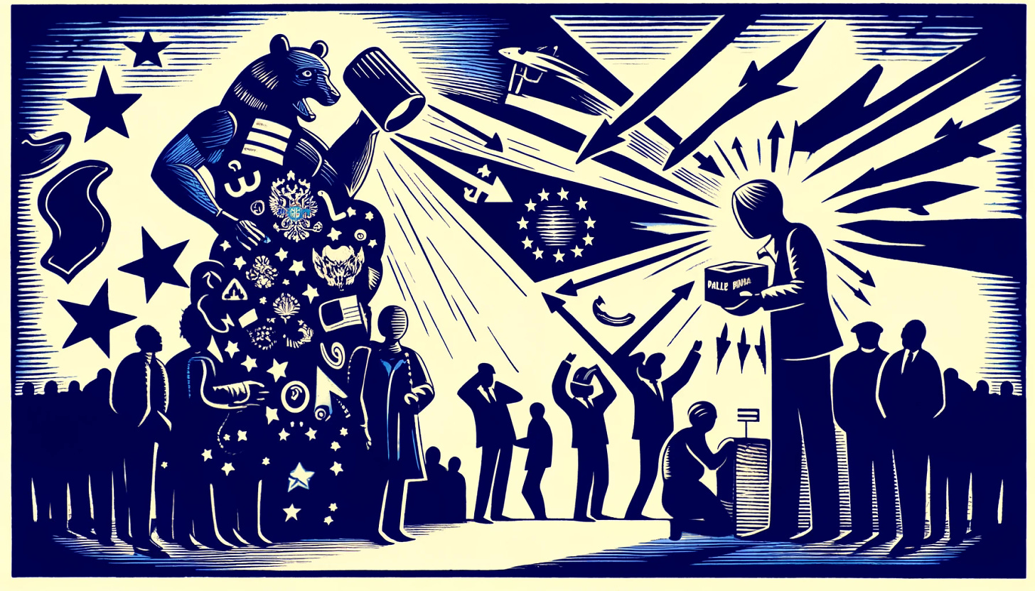 A silk screen style image depicting a scene symbolizing Russia, the EU, and the concept of diverting attention during voting. On one side, a figure representing Russia, with traditional symbols like the Kremlin and a bear, is holding a spotlight, diverting it towards a crowd. On the other side, a figure representing the EU, with symbols like the European Parliament and a flag with stars, is trying to direct attention towards a ballot box. In the background, there are arrows and symbols indicating chaos and confusion, with people looking in different directions, some towards the spotlight and others towards the ballot box.