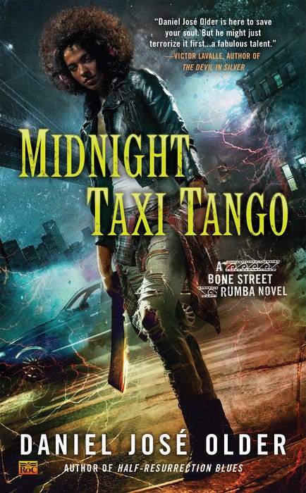 Cover of Midnight Taxi Tango by Daniel José Older. A young Black woman with an afro in jeans, a white shirt, and a leather jacket holding a machete in a spooky looking Brooklyn background.