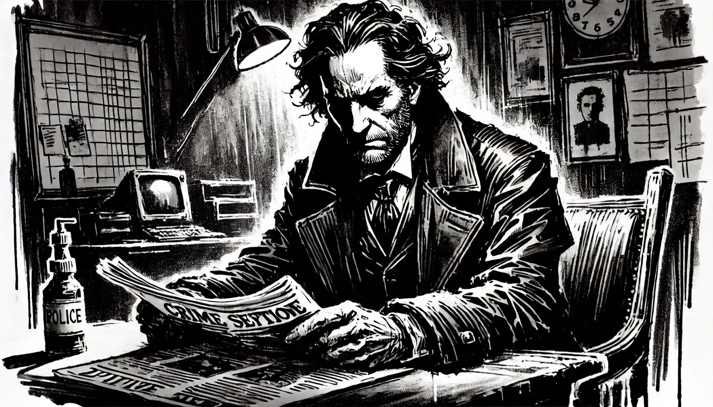 A dark, eerie black ink-style illustration of a middle-aged man sitting in a dimly lit police office room. His face shows subtle wrinkles, but his eyes are hidden as he looks down at a newspaper on the desk. He wears a dark overcoat draped over his shoulders, and his long, slightly unkempt black hair, with just a hint of gray, curls wildly at his neck and temples. His arms are crossed, resting on the desk as he hunches over the crime section page. The style is rough and raw, with ink dripping and extreme contrast. The room is filled with harsh shadows, smudged ink, and chaotic, bold strokes, creating a sinister and unsettling atmosphere.