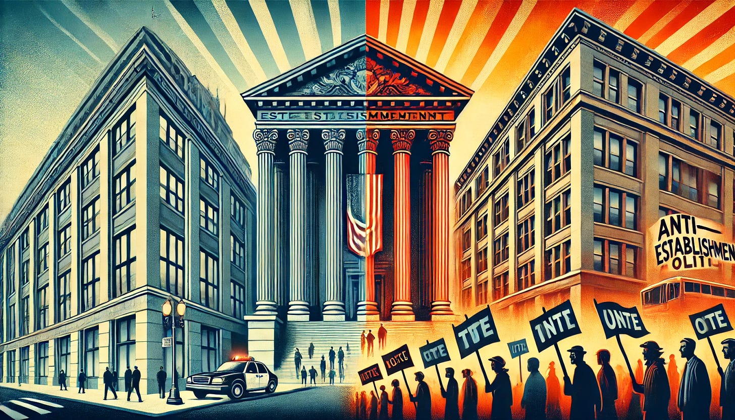 A split image depicting the concept of establishment vs anti-establishment in politics. On the left side, a classic government building with pillars, representing institutional power, stability, and tradition. The color scheme is muted blues and grays, conveying formality. On the right side, an urban street with a protest crowd holding signs, symbolizing rebellion and change. The color scheme is bold reds and bright yellows, evoking energy and defiance. The left side shows a sense of order, while the right side is dynamic and disruptive.