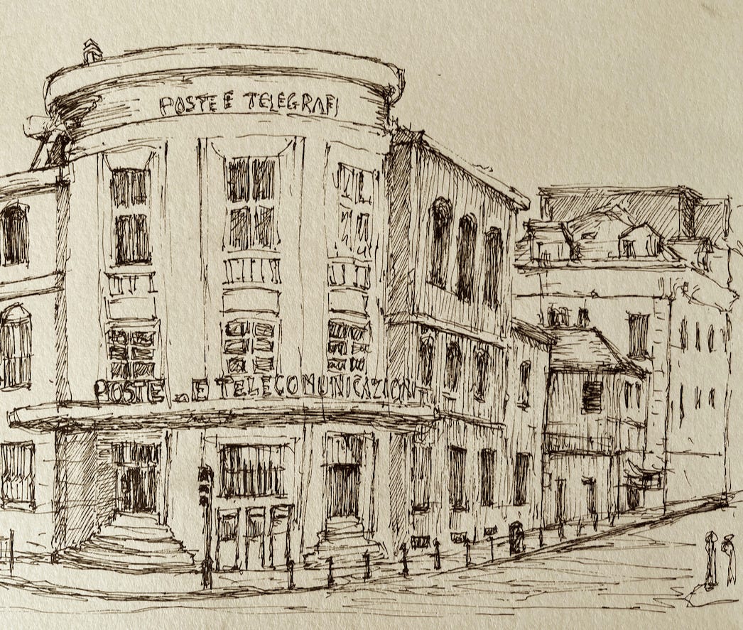 Pen sketch of the central Post Office of Sanremo  © David Bell, 2016