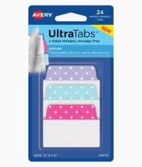 Ultra Tabs, Pink/Blue/Purple Pastel Dots, 2" x 1.5", 24 Repositionable Multiuse Tabs, 2-Side Writable - Avery