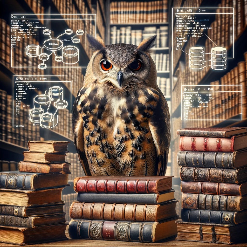 A wise owl perched on a stack of books, with diagrams of database structures and computer code in the background. The setting is an old library filled with ancient tomes and modern technological gadgets.