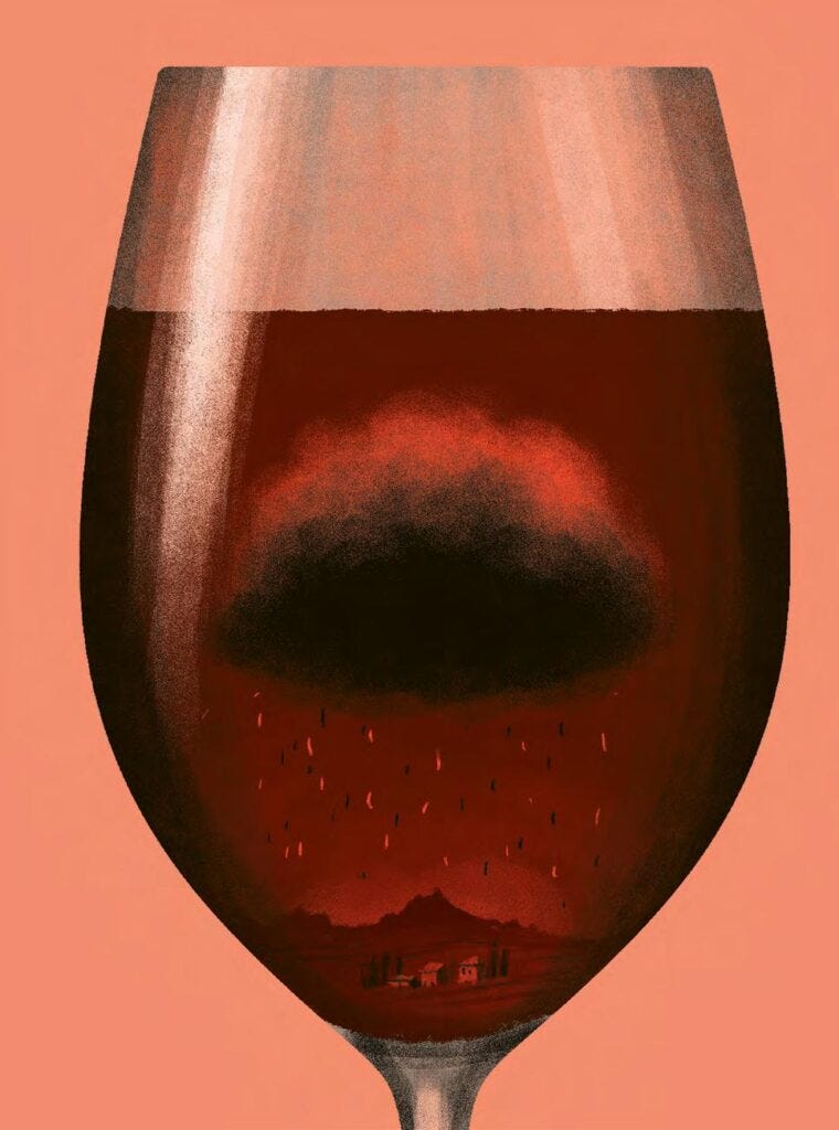 Wine glass and clouds. Illustration by Paul Blow. Reproduced from Noble Rot issue 32 with permission.