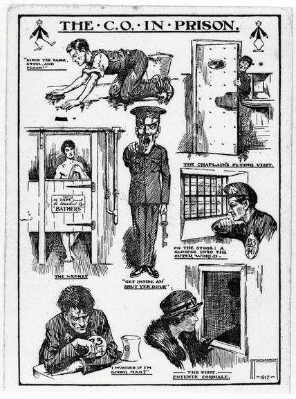 A cartoon drawn by G.D. Micklewright illustrating the life of a Conscientious Objector in prison. Various images are shown such as one of the prison guard and one of the prison chaplain.