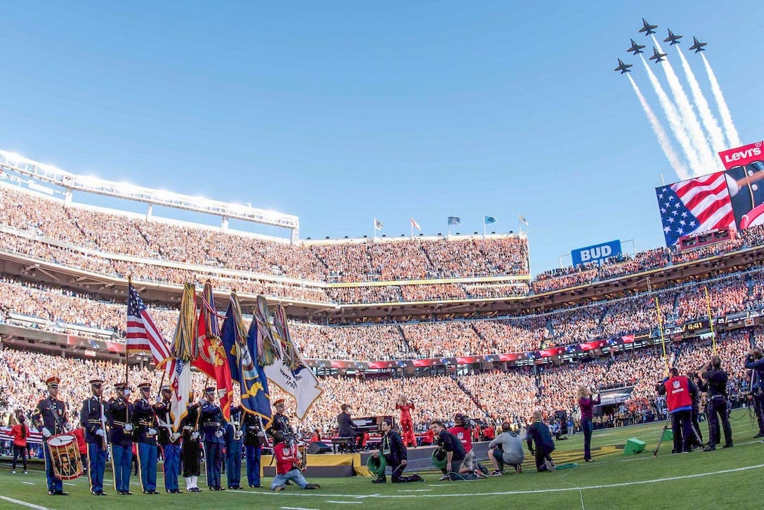 The Blue Angels, the Navy’s flight demonstration squadron, perform a flyover concluding the opening ceremony of Super Bowl 50 at Levi's Stadium in Santa Clara, Calif., Feb. 7, 2016. A joint armed forces choir performed during the ceremony and a joint armed forces color guard presented the colors. Army photo by Spc. Brandon C. Dyer