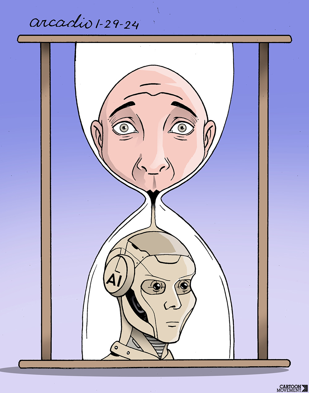 Cartoon showing an hourglass. The top of the hourglass is an anguished looking human face, which is slowly dissolving into the metal face of a robot in the lower half of the hourglass.