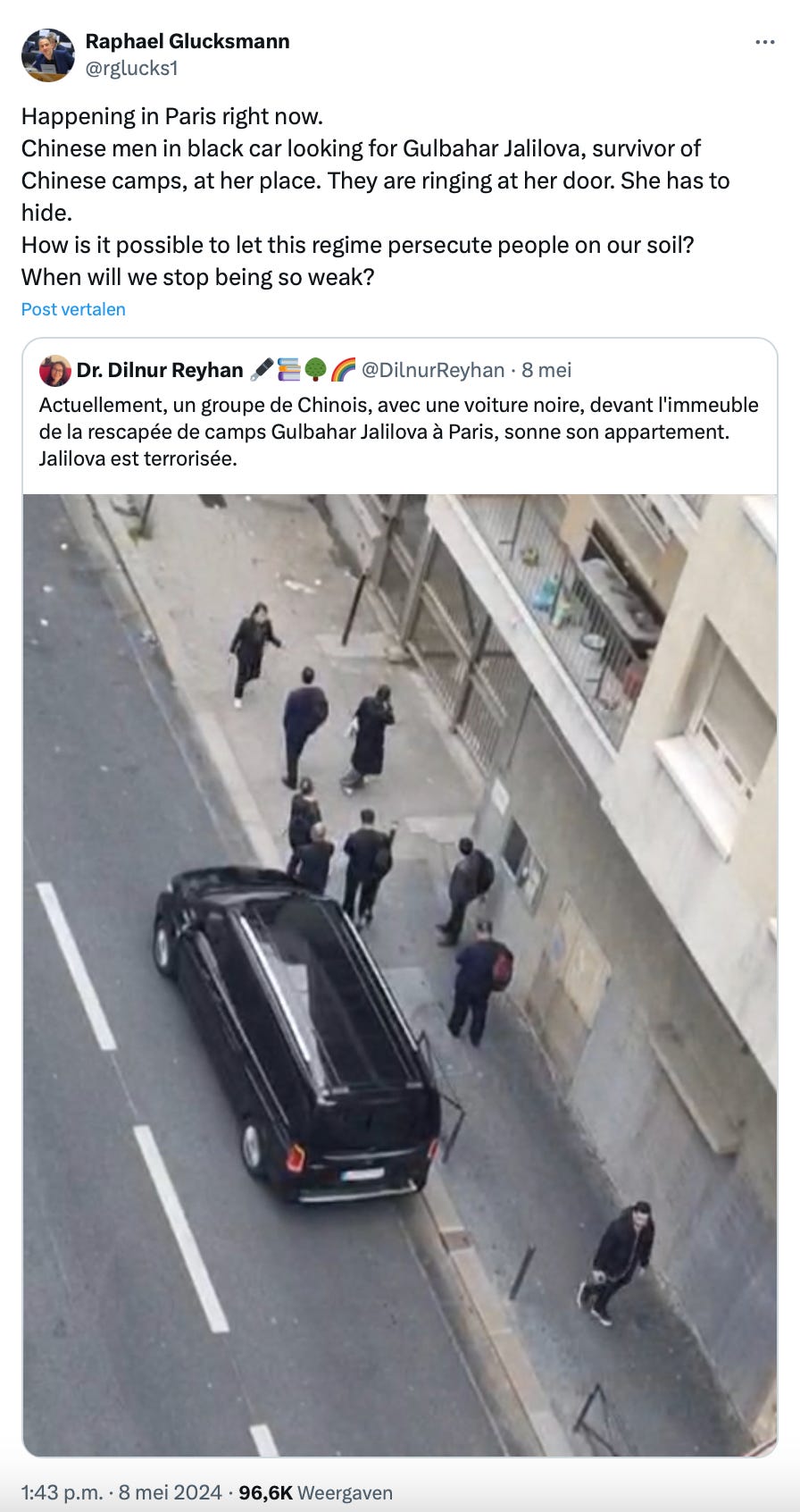 ‘Happening in Paris right now. Chinese men in black car looking for Gulbahar Jalilova, survivor of Chinese camps, at her place. They are ringing at her door. She has to hide.How is it possible to let this regime persecute people on our soil? When will we stop being so weak?’ – Raphael Glucksmann MEP, Twitter
