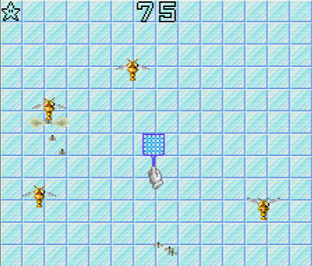 A screenshot from Gnat Attack in Mario Paint. A white gloved hand holds a blue fly swatter. The background is blue square tile. At the top of the screen, lives are displayed in the form of gloves, as is a counter (in this screenshot, at 75) showing how many more bugs you have left to swat to bring forth the boss. There are three yellow "Fly Parent" enemies on screen, with two of them releasing "Fly Children," which will seek you out and sting you. The star in the top-left corner represents that this is the second round of the game, with faster and more aggressive enemies than the original run.