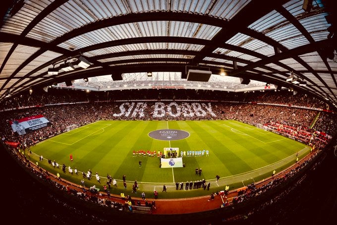 A Sir Bobby mosaic in the Sir Alex Ferguson stand ahead of the Manchester derby.