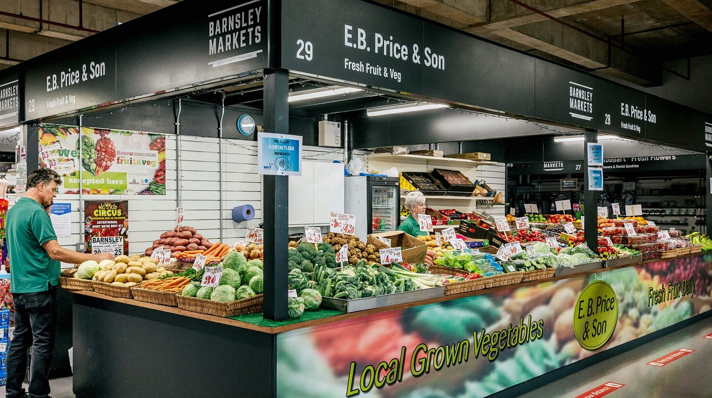 Barnsley market, fruit and veg stall