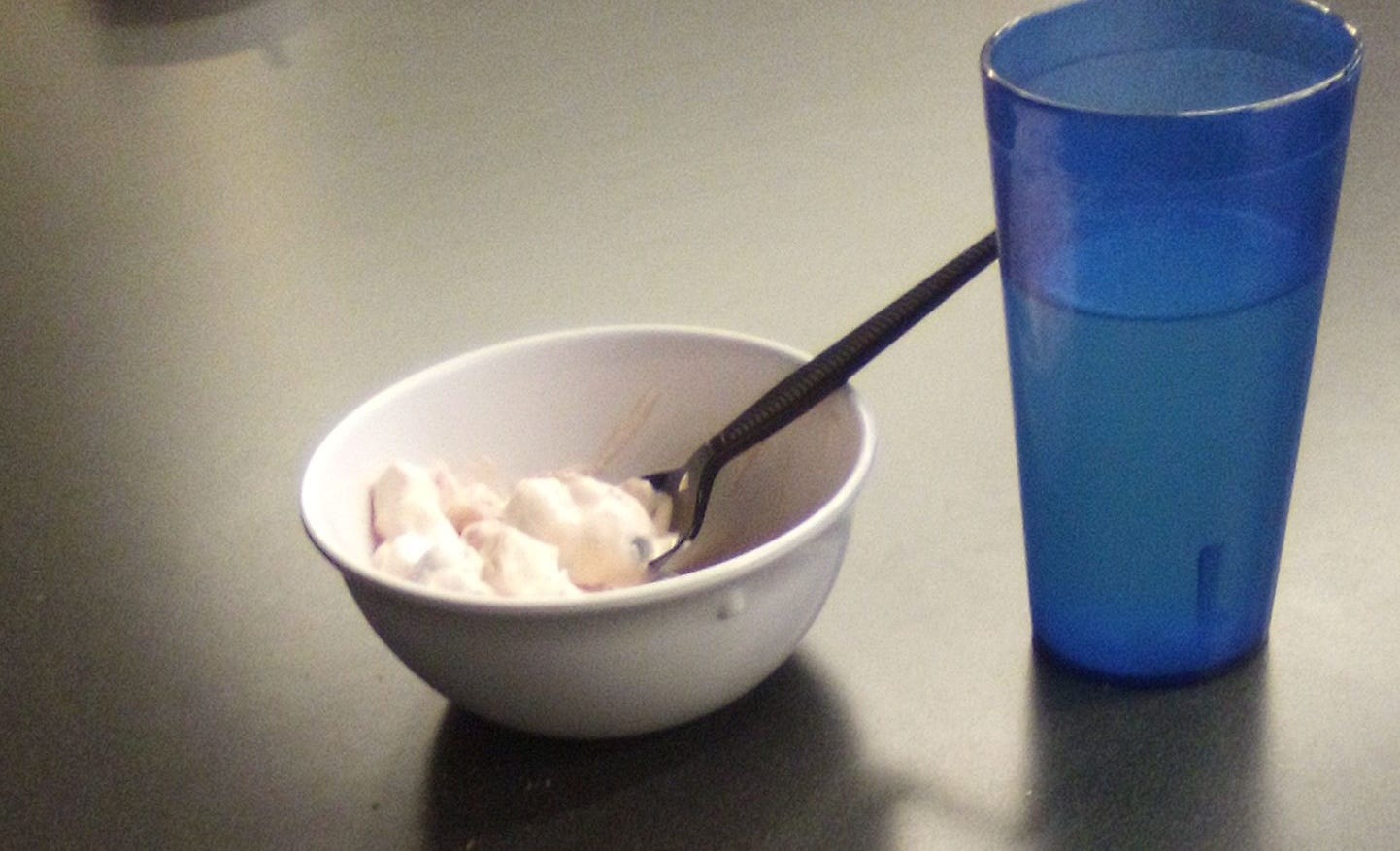 small white bowl of ambrosia with a spoon in it, and a blue plastic cup of lemonade, set on a metallic table. Image is from a tweet by Ashley on March 21, 2024, posted from the shelter where she was staying