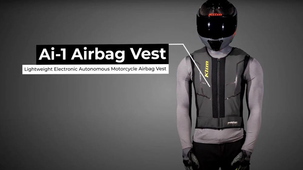 Screenshot from Klim promotional video with image of their safety vest on a person in a motorcycle helmet