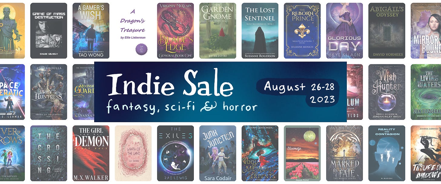 Indie sale August 26-28. Fantasy, sci-fi & horror. The background showcases various bookcovers.