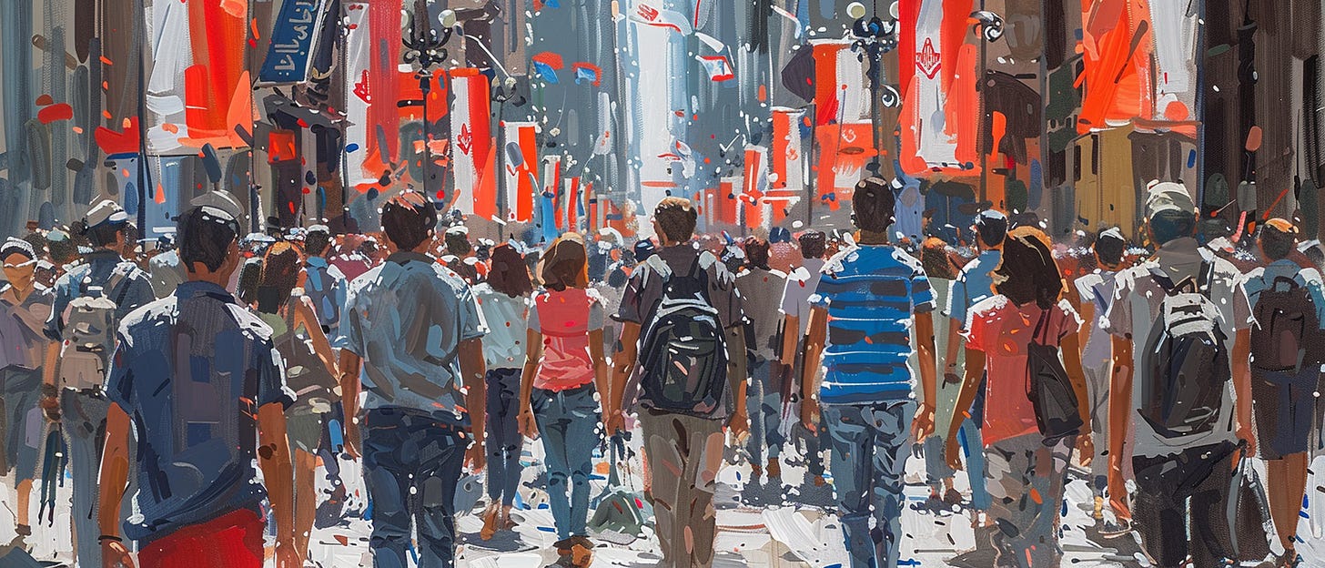 A panoramic digital painting captures a vibrant city street scene bustling with diverse pedestrians. The artwork, styled with broad, expressive brushstrokes and a rich palette of blues, reds, and whites, emphasizes the dynamic movement of city life. The pedestrians, rendered in a semi-abstract manner, appear absorbed in their surroundings, with some facing forward, moving towards the viewer, while others stroll away, all amidst the vivid urban backdrop characterized by striking vertical and horizontal splashes of color.