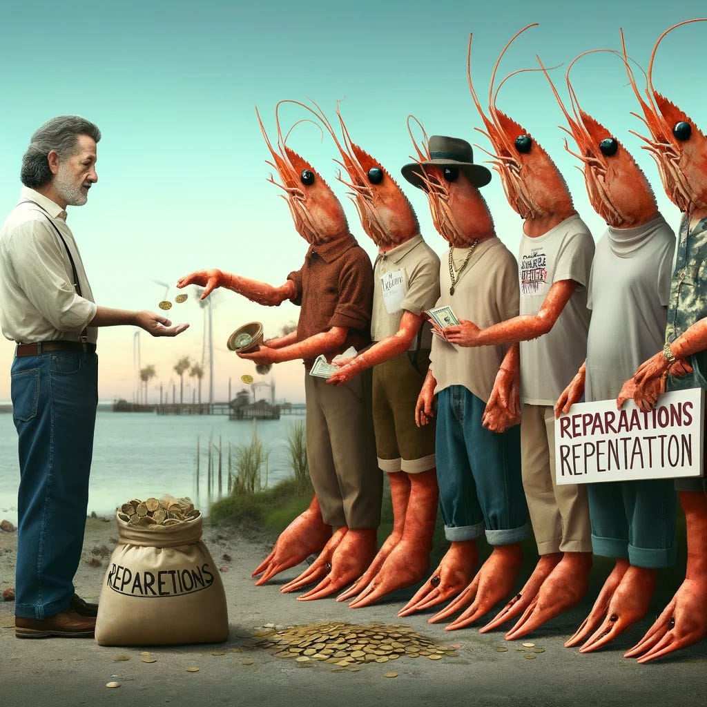 A surreal and humorous scene featuring a man resembling Richard Hanania, dressed in casual attire, standing by a seaside or near a shrimp farm. He is holding a bag labeled 'Reparations' and handing coins to a group of anthropomorphic shrimps standing upright, with expressive faces and small hats. The shrimps are holding signs saying 'Forgiveness' and 'Justice,' with a few of them extending their tiny claws to accept the payment. The background is a mix of a serene coastal setting with whimsical touches, emphasizing humor and fantasy.