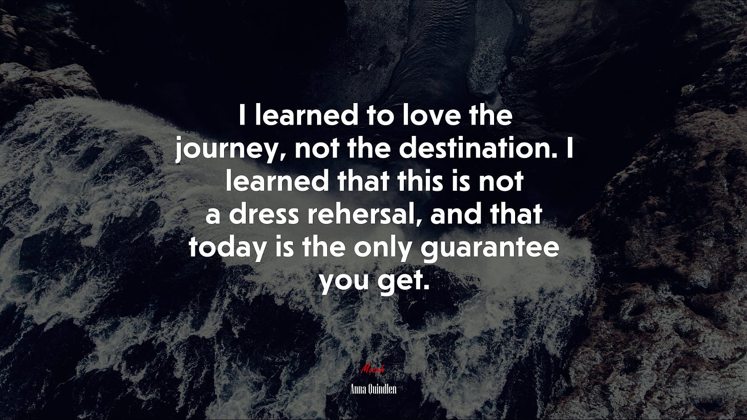 692834 I learned to love the journey, not the destination. I learned that  this is not a dress rehersal, and that today is the only guarantee you get.  | Anna Quindlen quote -