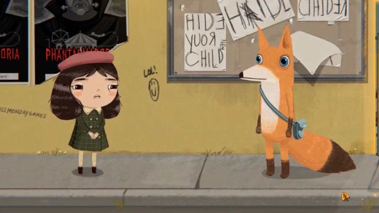 A screenshot of Little Misfortune where Misfortune is confronting Benjamin in town after Benjamin has put up a sign saying HIDE YOUR CHILDREN. Misfortune looks concerned.