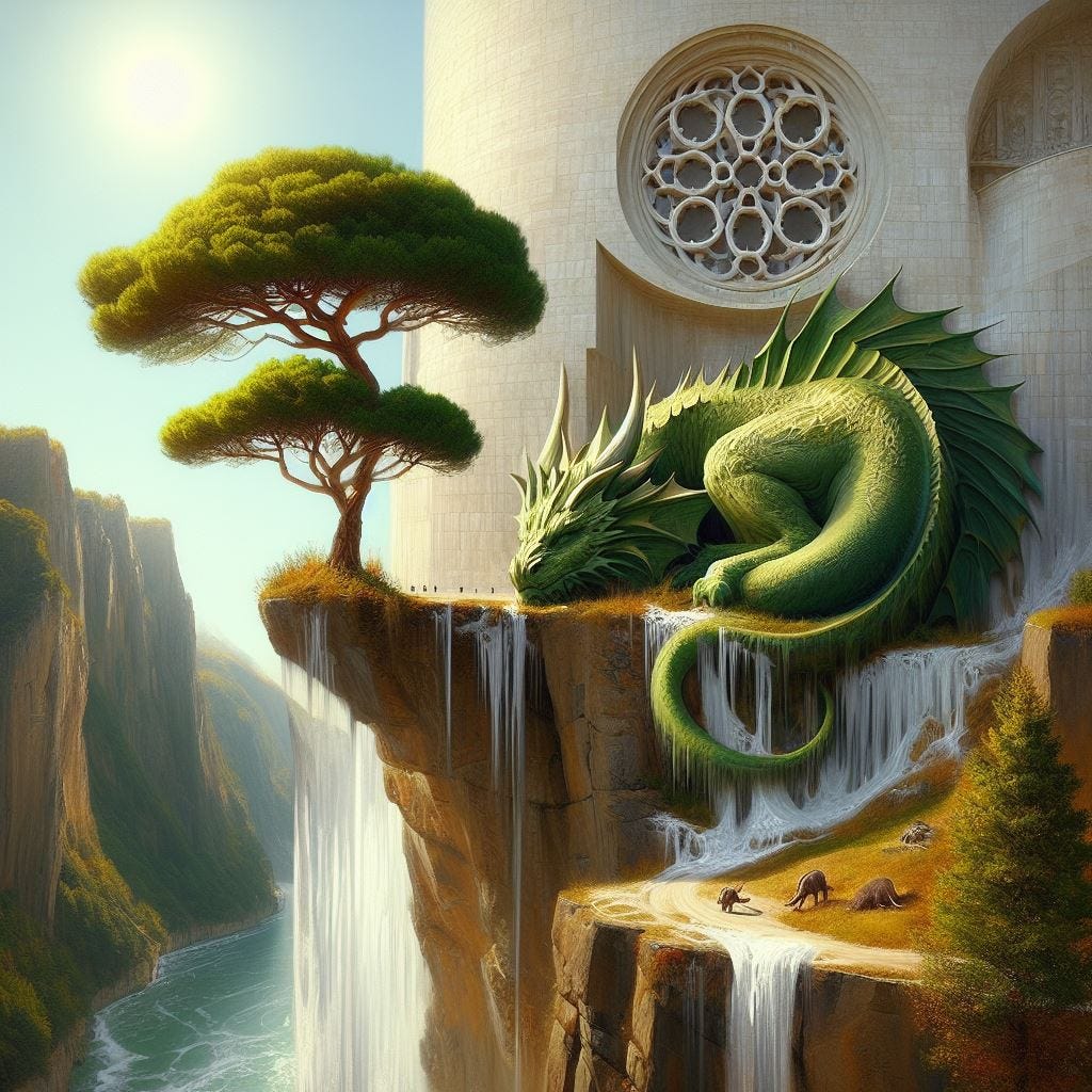Hyper-realistic; tilt shift; mother earth tree on edge of cliff  with merging Quatrefoil on wall: mother earth tree with white Gothic Tracery: Guggenheim Museum Bilbao. Below is a dragon. Tree is above. chunky oil painting scrapes of natural coloration. There is a sleeping ice dragon on ground.  Classic Green European dragon sleepiing on ground blending in with frozen greenery; frozen trees. Guggenheim Museum Bilbao structures and tracery. Sunlight bright sunny day. Beauty. 