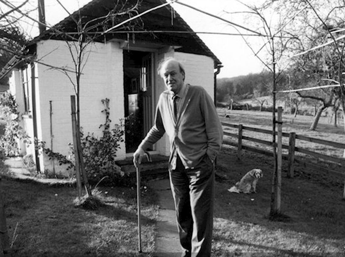 Author, Roald Dahl, standing in front of the shed where he wrote Willie Wonka and The Chocolate Factory, Matilda, The BFG and dozens of other children's books.