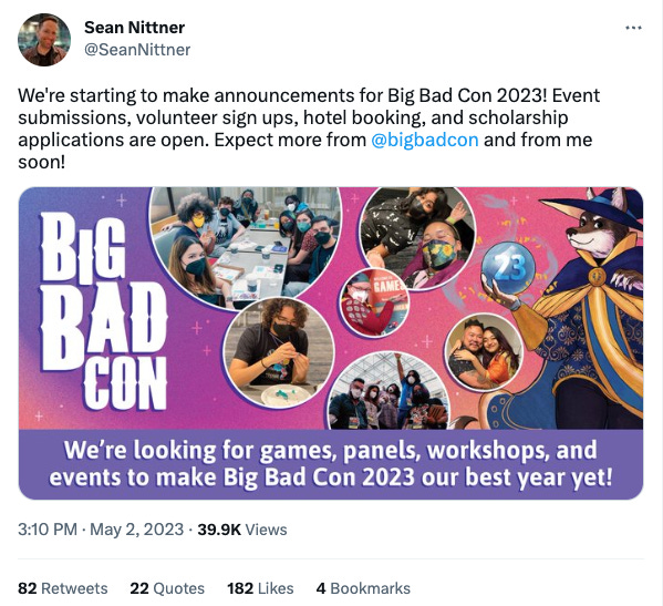 Tweet with promotional image for Big Bad Con 2023, asking for event submissions. Various inset bubbles show attendees having a blast.