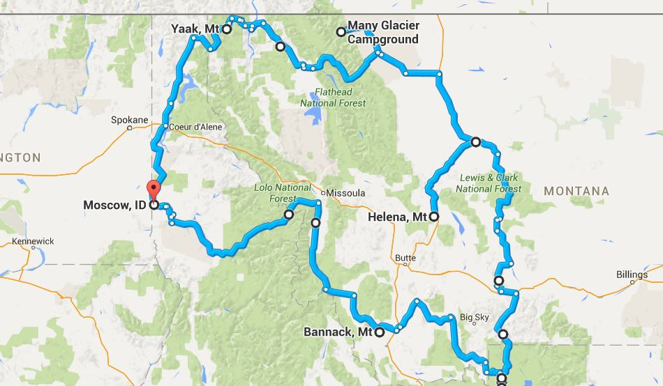 Our route, clockwise starting and finishing in Moscow, Idaho.