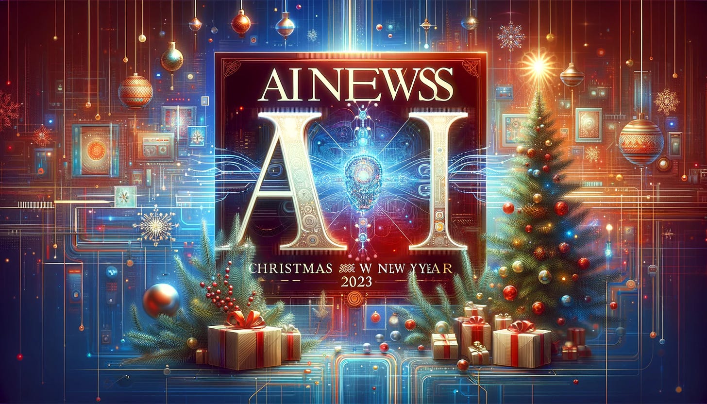A sophisticated and festive image suitable for a magazine cover, intended for the AI News weekly magazine's Christmas and New Year edition 2023. The image should not resemble a magazine cover, but instead, be a standalone illustration. It must prominently feature the correctly spelled text 'AI NEWS' in a central, eye-catching position. The background should be a blend of AI themes and Yuletide celebration, incorporating elements like digital landscapes, AI concepts, and festive Christmas imagery such as trees, lights, and snowflakes. The color palette should be a mix of traditional Christmas colors and futuristic hues, creating a vibrant and engaging composition suitable for a technology-focused holiday edition.