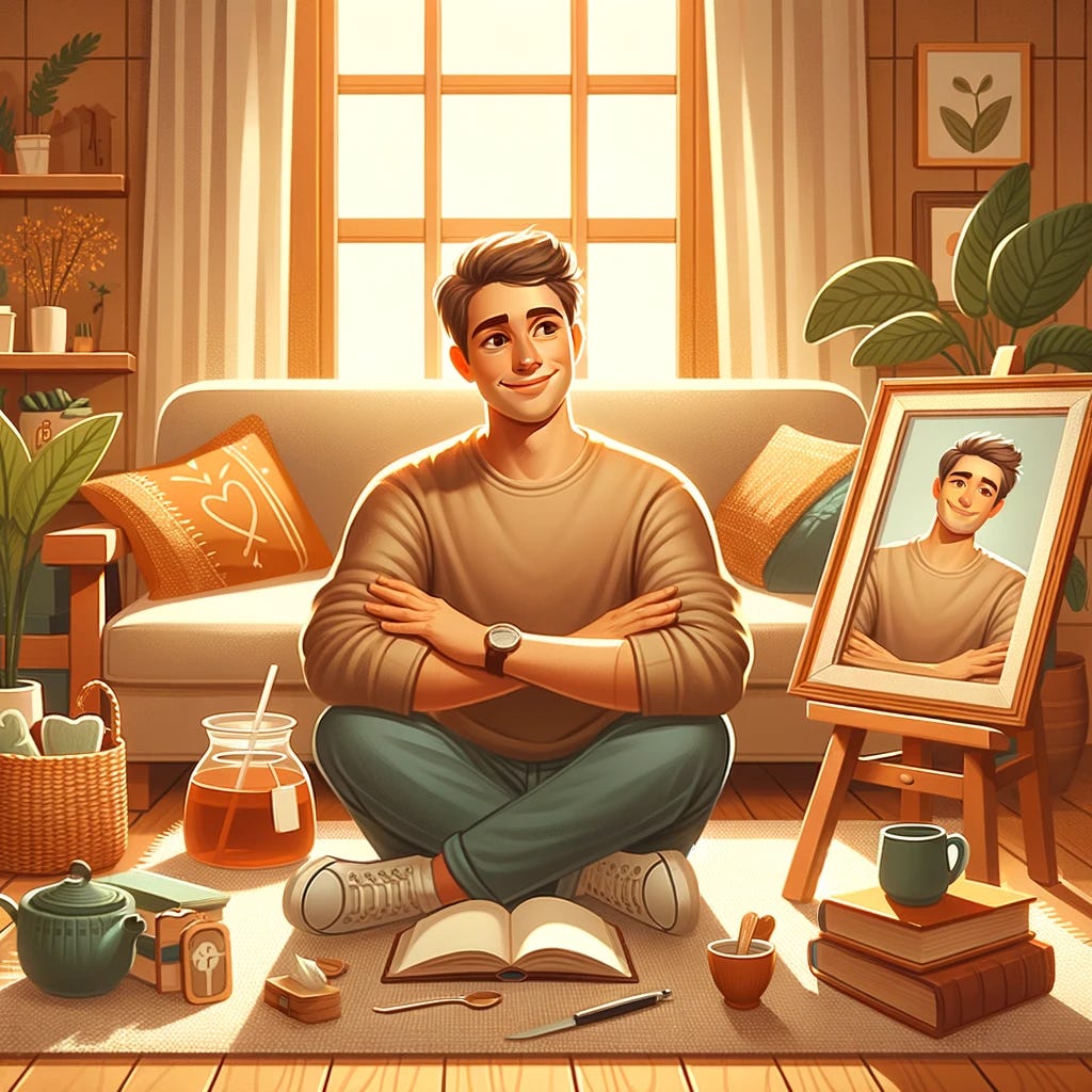 A warm and inviting scene showing a person learning to appreciate themselves and enjoy their own company. The individual is sitting comfortably in a cozy, well-lit room, surrounded by elements that indicate self-care and personal growth, such as books, a journal, a cup of tea, and indoor plants. The person is smiling gently, looking relaxed and content, with an expression that conveys a sense of peace and self-acceptance. The setting should evoke a feeling of tranquility and fulfillment, emphasizing the positive aspects of spending time alone.