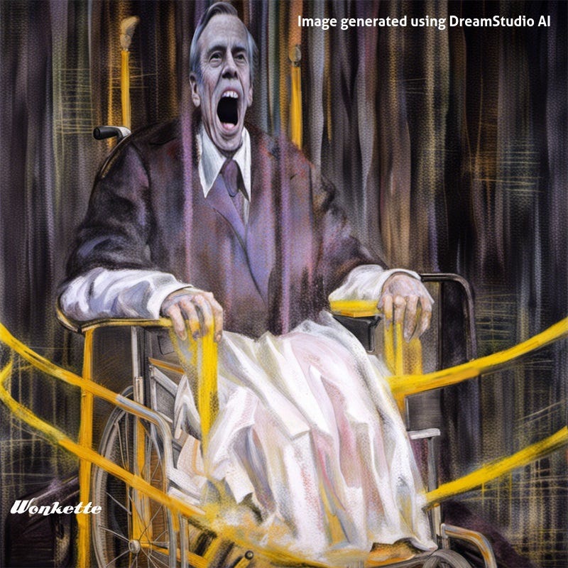 Aparody, generated using AI and Photoshop, of Francis Bacon's 'Study after Velázquez's Portrait of Pope Innocent X,' but with Greg Abbot's  face. Created by Marty Kelley