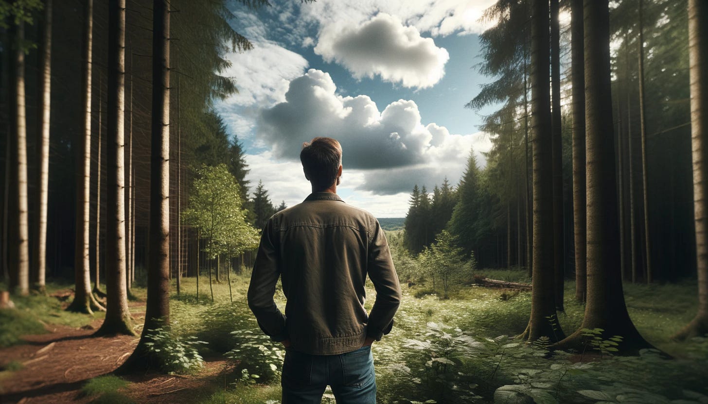 A contemplative man standing in a serene woodland, viewed from behind. He is gazing upwards towards a vast, expansive sky filled with a few fluffy clouds. The man is of medium build, wearing casual outdoor clothing including a jacket and jeans, and his hair is short. The woods are lush, with tall, mature trees and a scattering of sunlight filtering through the leaves, casting dappled shadows on the forest floor. The atmosphere is peaceful and thoughtful, capturing a moment of introspection in nature, in a 16:9 aspect ratio.