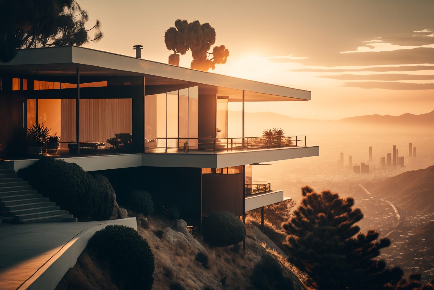editorial photo from Dwell, Midcentury modern house, on a cliff overlooking Los Angeles, morning sun, brilliant architecture, beautiful, exclusive, expensive, minimal lines, breathtaking, 8K, architecture photography
